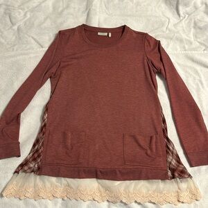 LOGO Lounge S French Terry A Line Top with Plaid Insets and Lace Hem